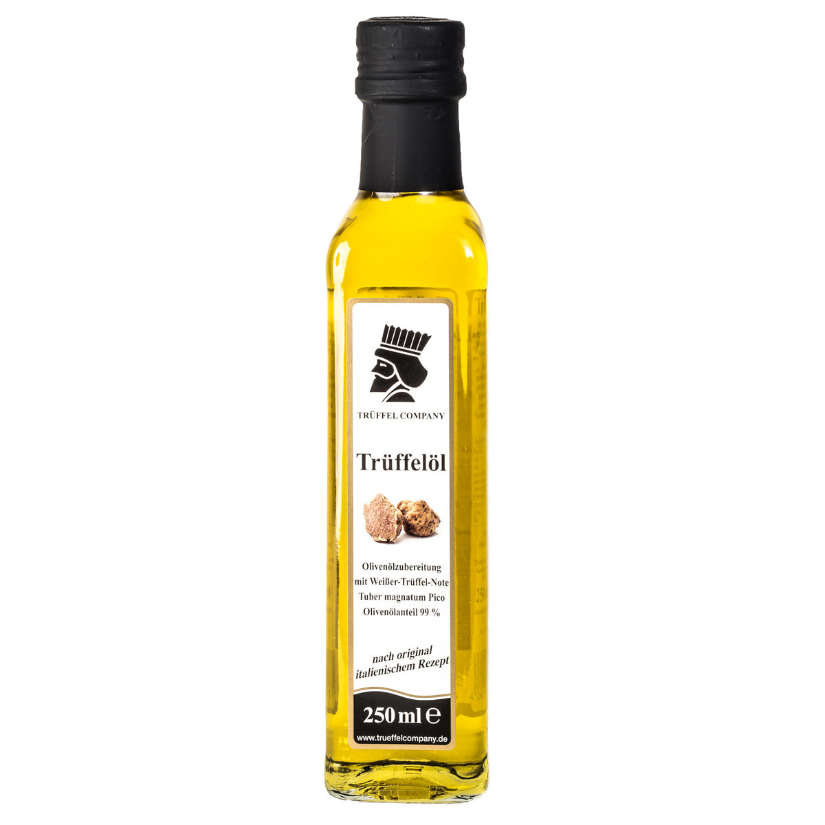 Trüffelöl Olivenöl mit weißer Trüffelnote in 250ml Flasche eckig. Ausgewogener, harmonischer Geschmack. Bestens geeignet um Speisen zu verfeinern. Abgerundetes Aroma.