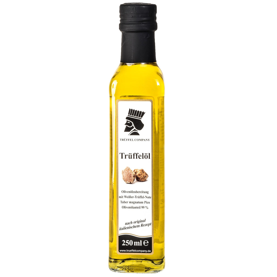 Trüffelöl Olivenöl mit weißer Trüffelnote in 250ml Flasche eckig. Ausgewogener, harmonischer Geschmack. Bestens geeignet um Speisen zu verfeinern. Abgerundetes Aroma.